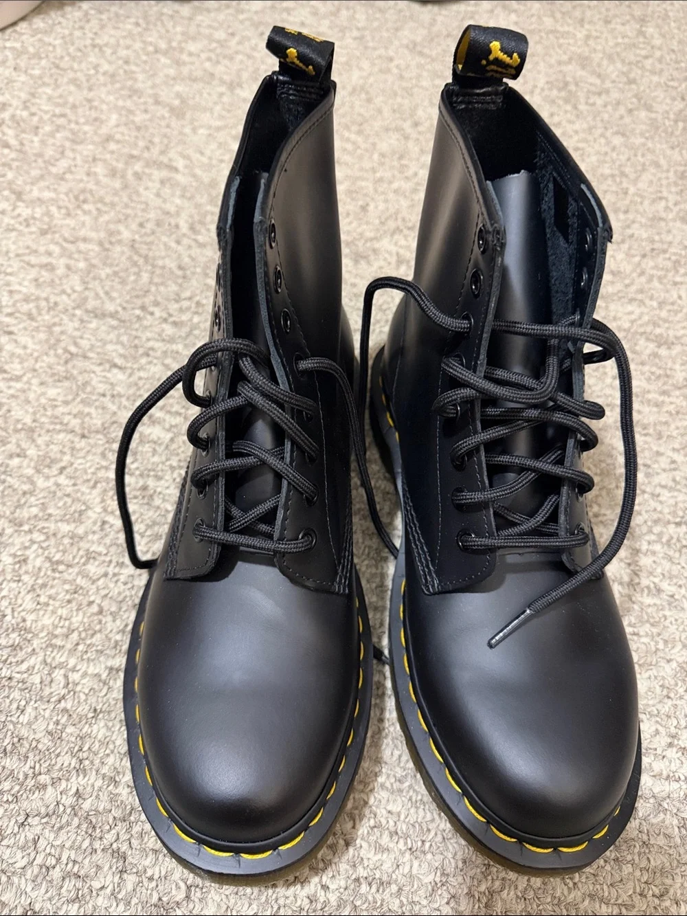 Dr. Martens 1460 Smooth Leather Boots in Black with Yellow Heel Loop